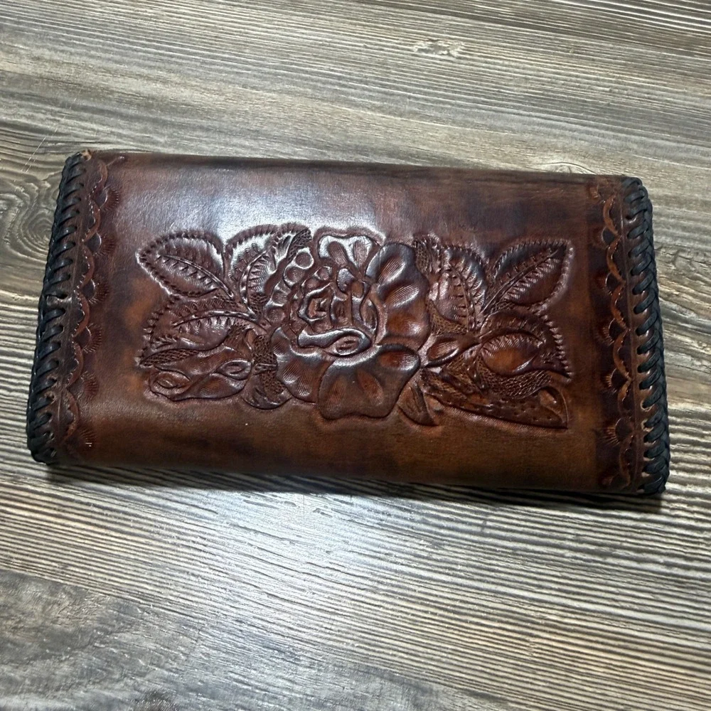 Vintage Hand Tooled Leather Floral Clutch Wallet Brown Whipstitch Western Boho